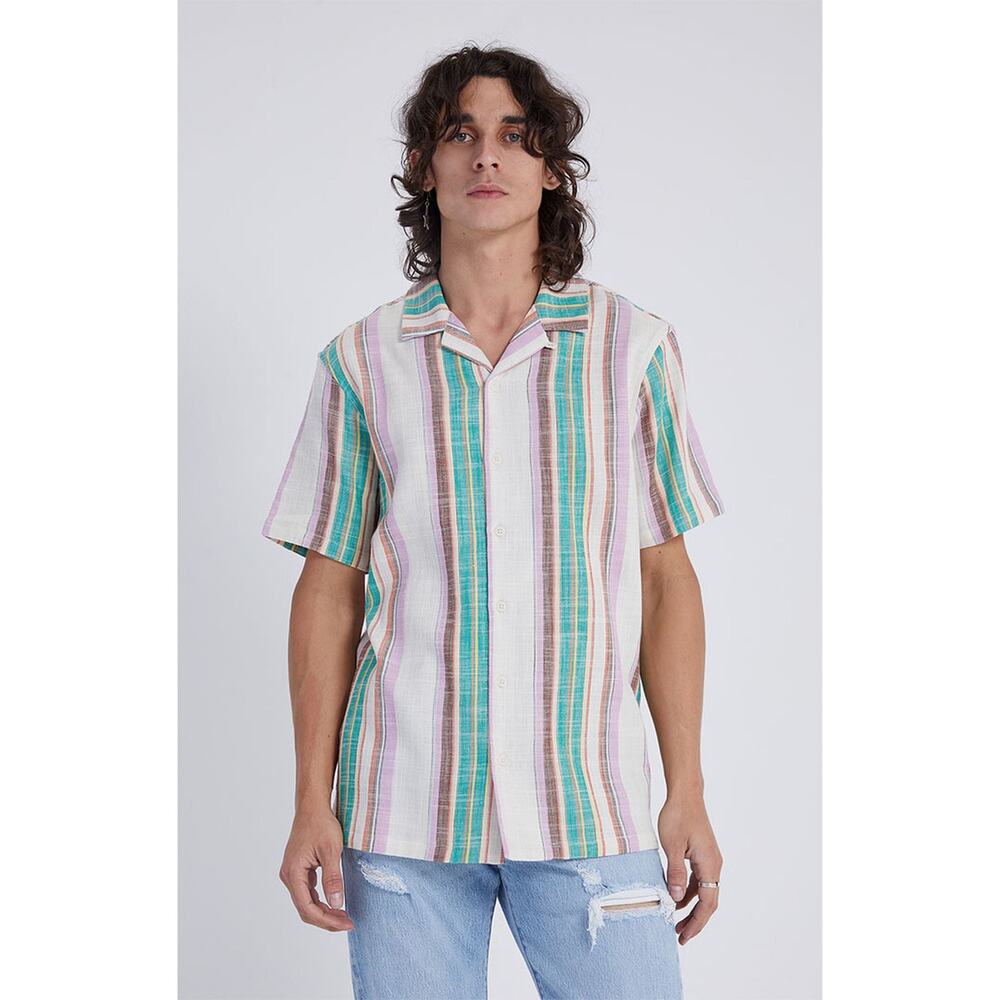 BDG Beige + Green Purple Stripe Collared Cotton Button Up Shirt Large